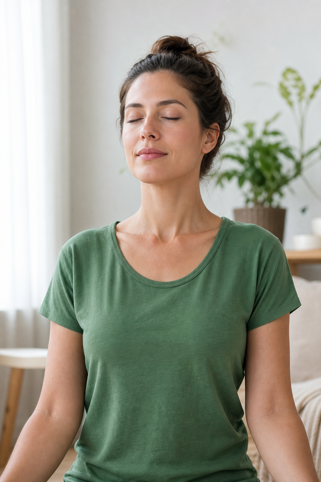 Femme en t-shirt vert, les yeux fermés, respirant calmement