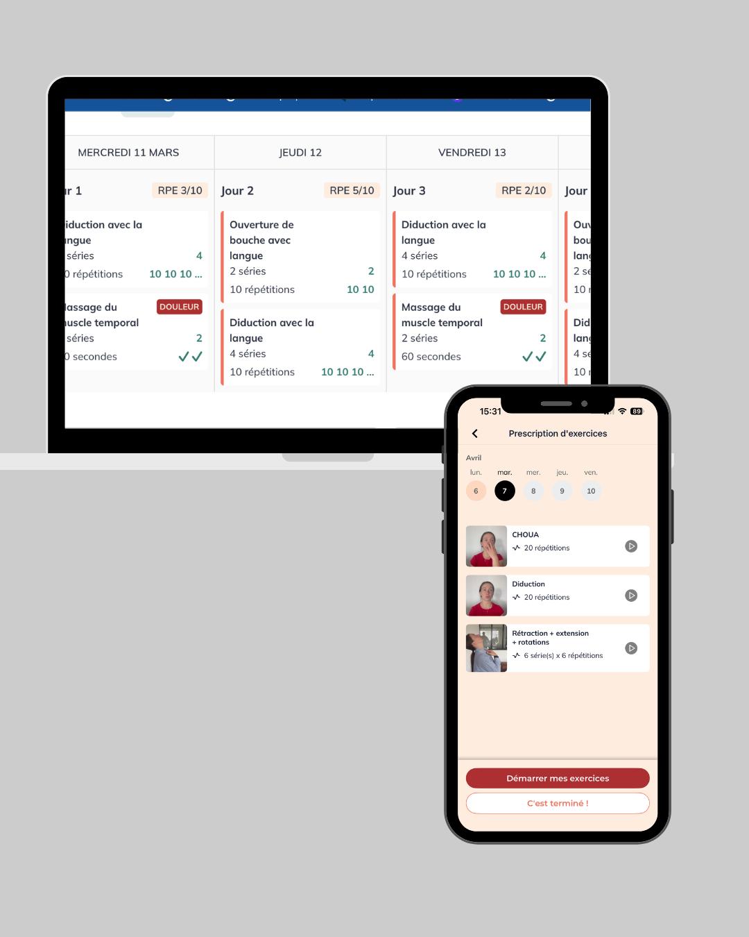 Aperçu d'un planning d'exercices personnalisé sur tablette et téléphone